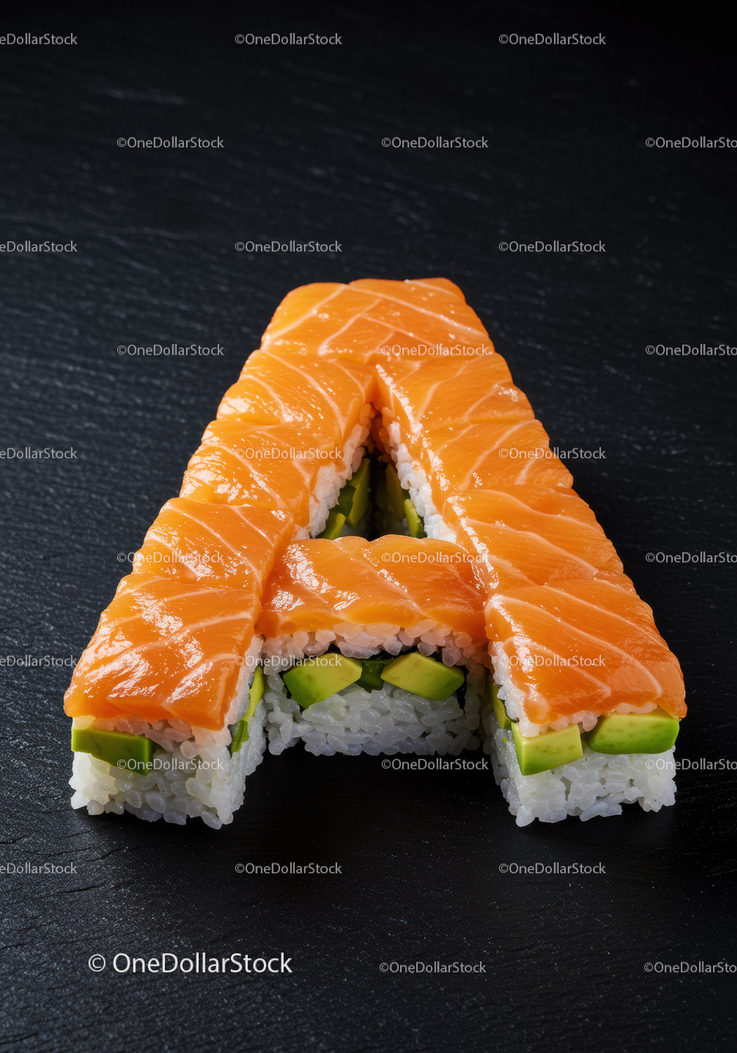 Sushi Rolls Shaped as Letter A with Salmon and Avocado