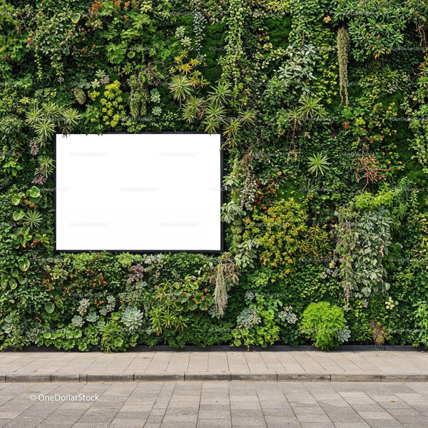 Green Vertical Garden Wall with Blank White Sign JPG Mockup Image