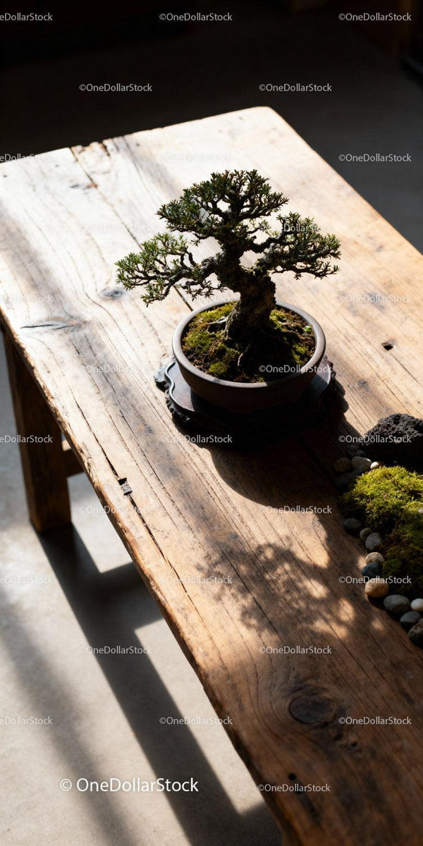Małe drzewko bonsai rzucające cienie na rustykalnym drewnianym stole