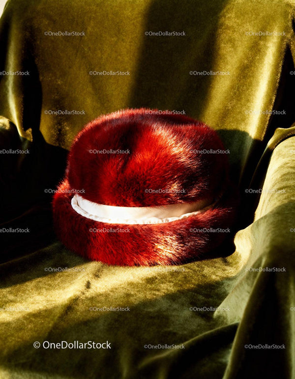 Vintage Red Fur Hat on Green Velvet Fabric