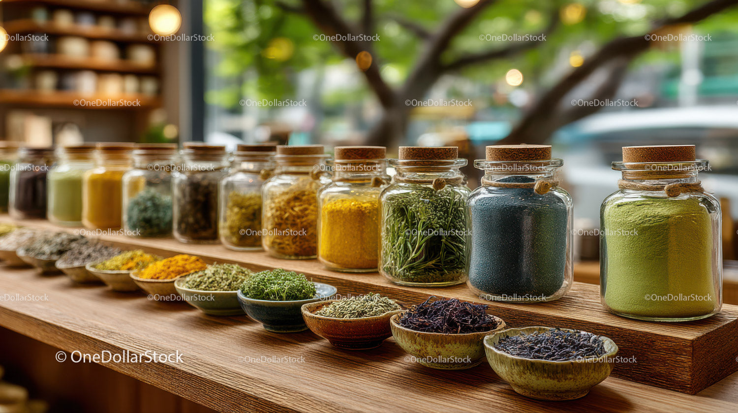 Colorful Spice Jars and Herbs Display in Market Shop