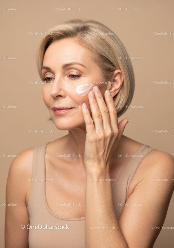 Elegant Middle-Aged Woman Applying Moisturizer for Youthful Skin