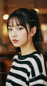 Portrait of Young Woman in Black and White Striped Sweater with Stylish Makeup