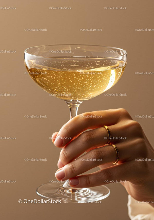 Hand holding sparkling champagne glass with golden rings