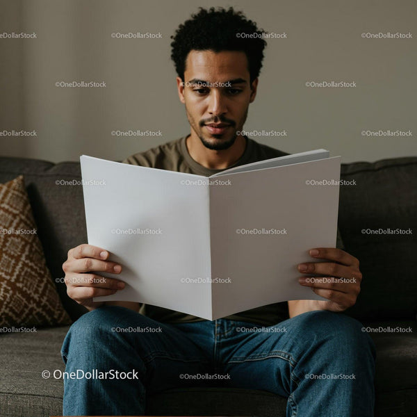 Man attentively reading large blank magazine at home JPG Mockup Image