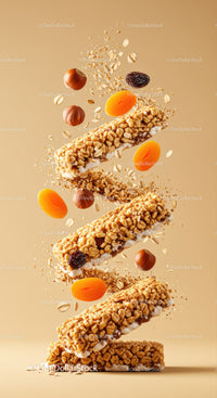 Healthy granola bars with nuts and dried fruit flying