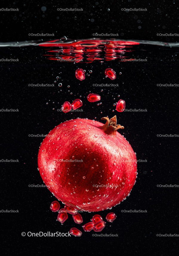 Fresh pomegranate submerged in water with seeds