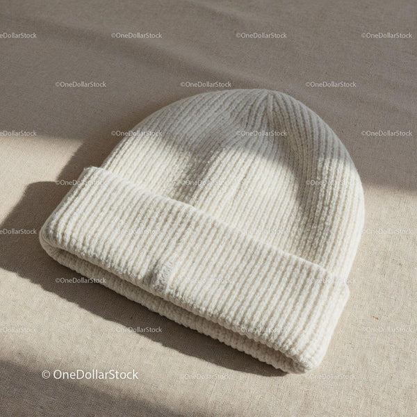 Soft White Knit Beanie Hat on Fabric Surface JPG Mockup Image