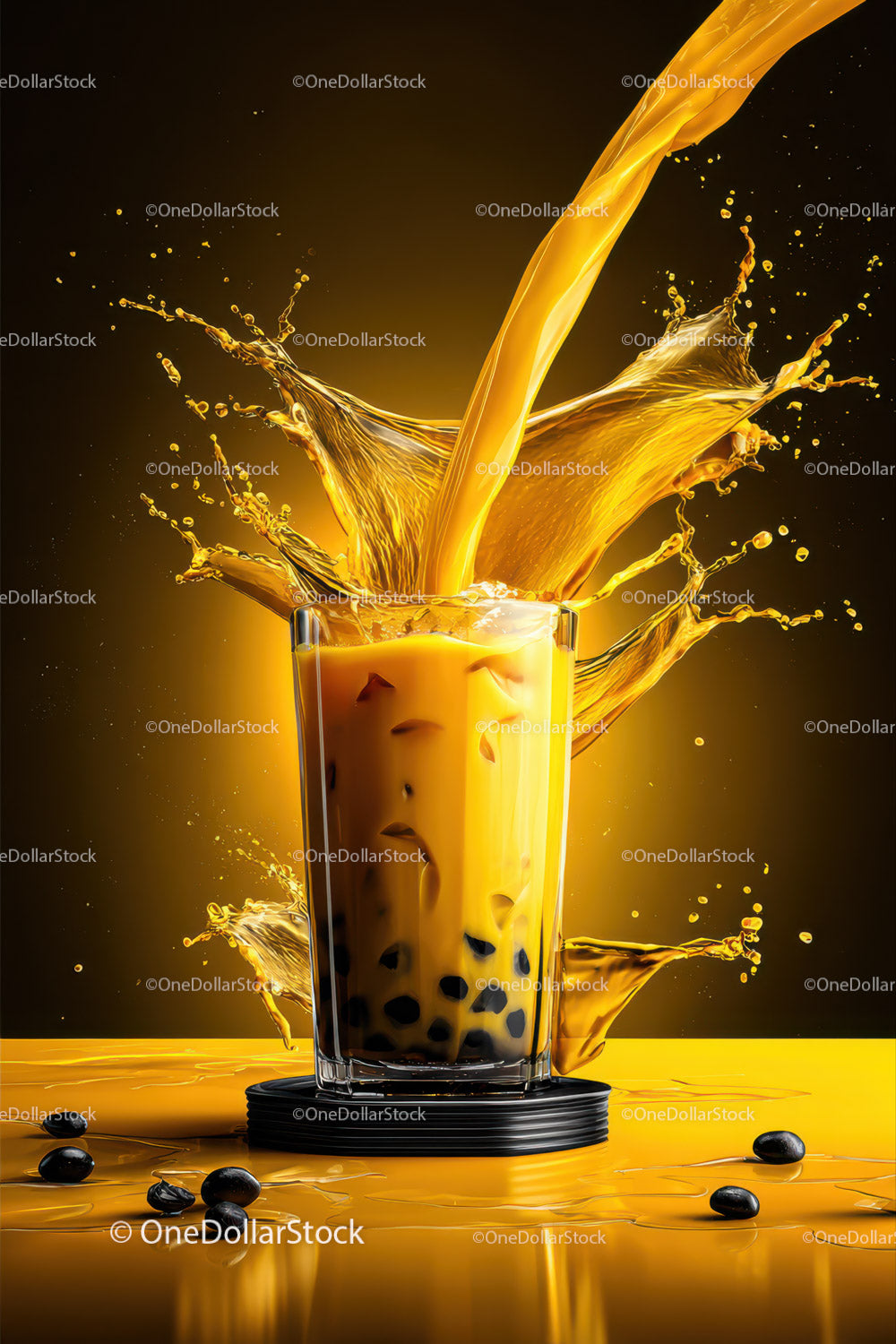 Splashing Bubble Tea with Tapioca Pearls in Vibrant Yellow and Black