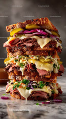 Stacked Roast Beef Sandwich with Cheese and Fresh Vegetables