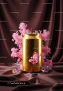 Golden Can with Pink Smoke and Ice Cubes on Satin