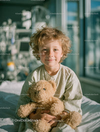 Cheerful Child Sitting on Hospital Bed Holding Teddy Bear
