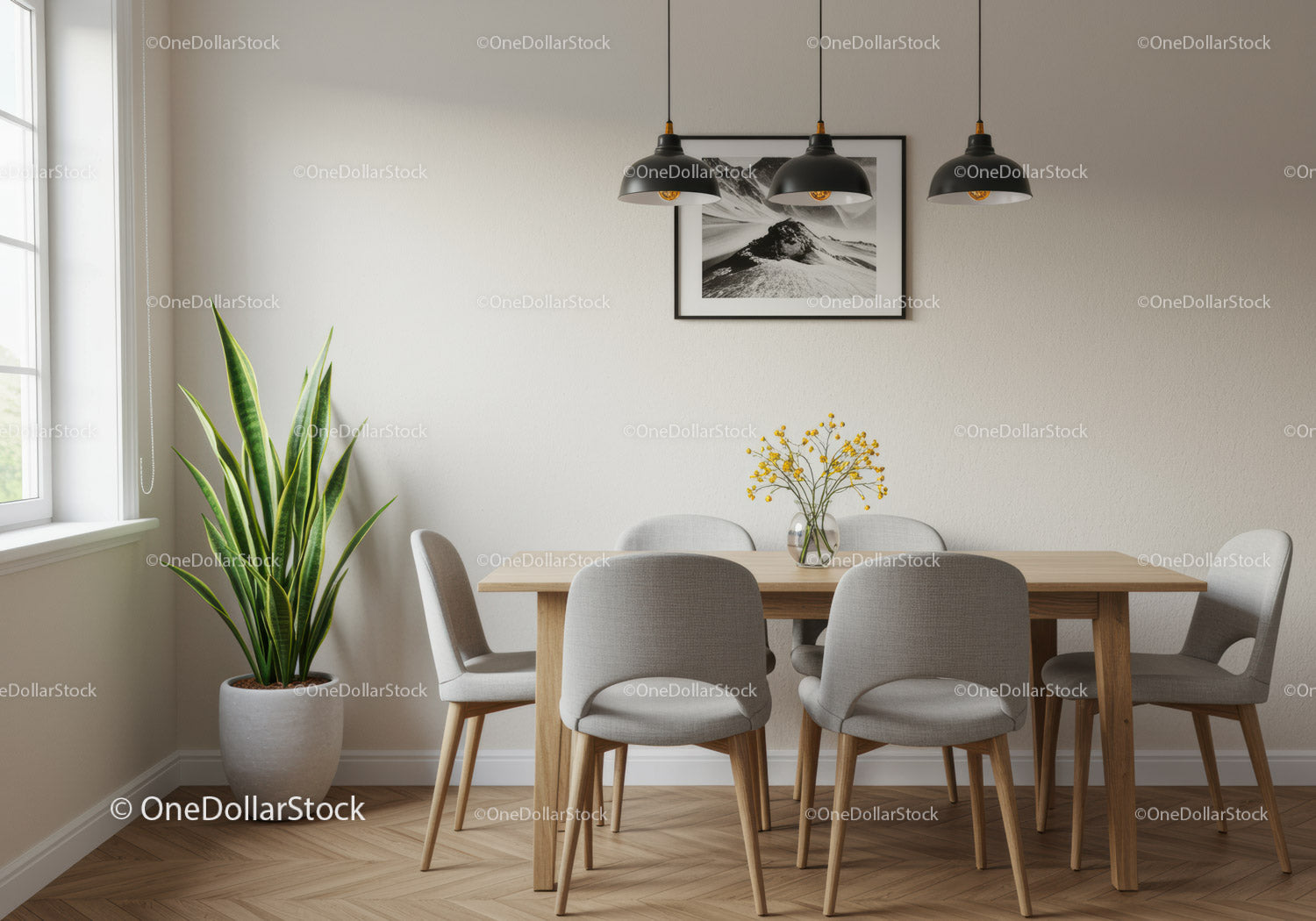 Modern Dining Room with Beige Chairs, Wooden Table and Green Plant