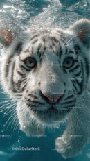 White tiger cub swimming underwater with piercing blue eyes