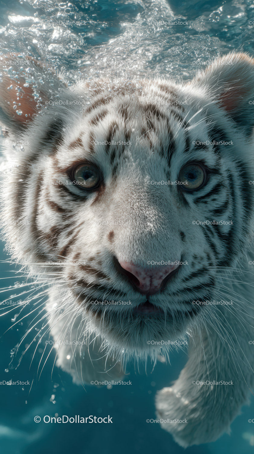 White tiger cub swimming underwater with piercing blue eyes