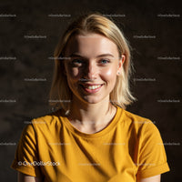 Bright Smiling Woman Wearing Yellow T-Shirt in Indoor Setting
