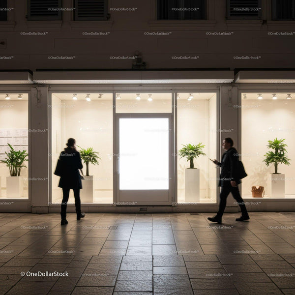 People passing by illuminated modern storefront at night JPG Mockup Image