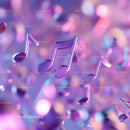 Purple 3D Music Notes with Glossy Finish in Vibrant Abstract Background