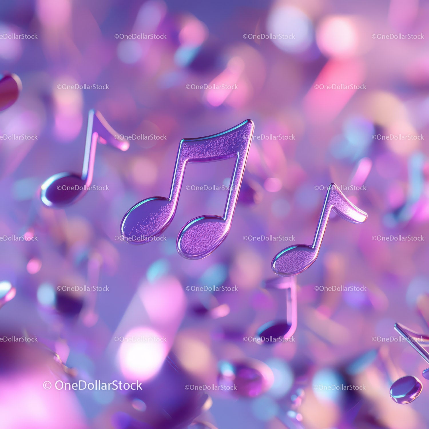 Purple 3D Music Notes with Glossy Finish in Vibrant Abstract Background