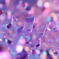 Purple 3D Music Notes with Glossy Finish in Vibrant Abstract Background