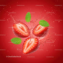 Fresh strawberry halves splashing with mint leaves