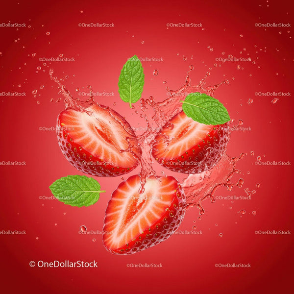 Fresh strawberry halves splashing with mint leaves