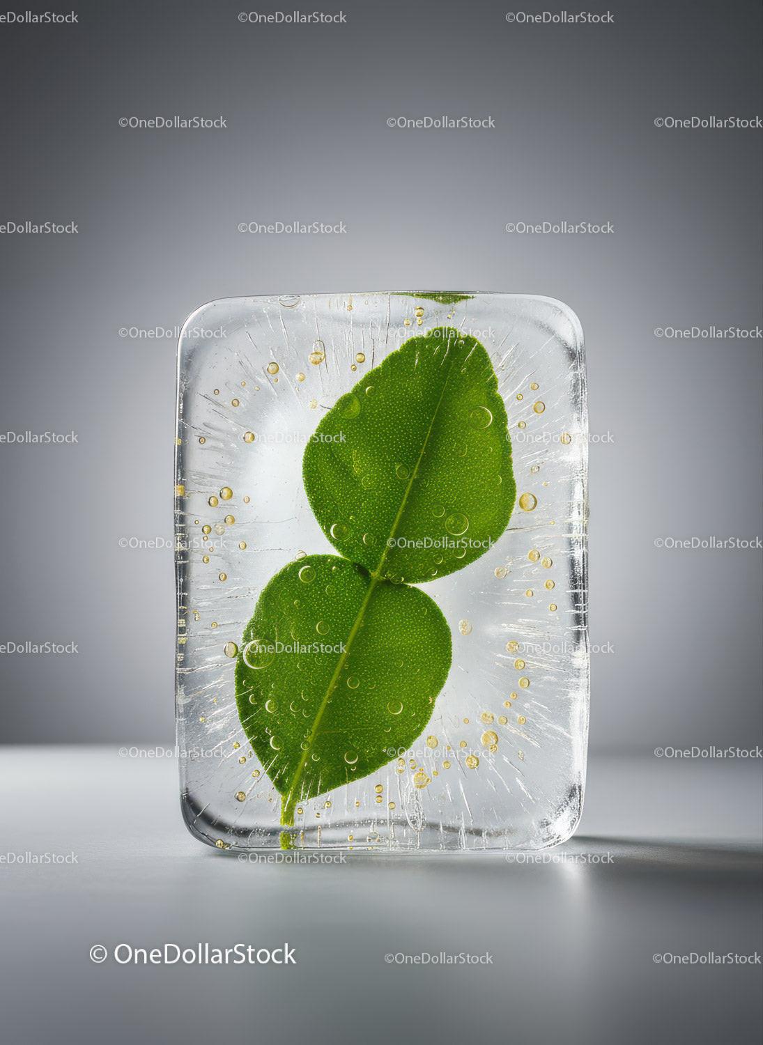 Fresh green leaves encapsulated in clear ice cube