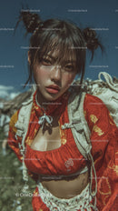 Vibrant Woman in Traditional Dress with Wind in Outdoor Summer Scene