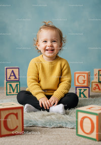 Smiling toddler sitting with alphabet blocks on rug