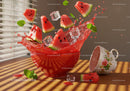 Fresh watermelon slices splashing with ice cubes