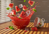 Fresh watermelon slices splashing with ice cubes