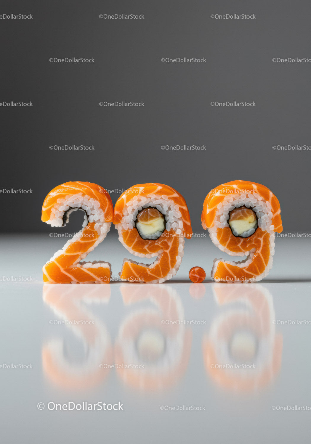 Creative Sushi Shaped as 299 Number on Grey Background