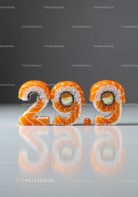 Creative Sushi Shaped as 299 Number on Grey Background