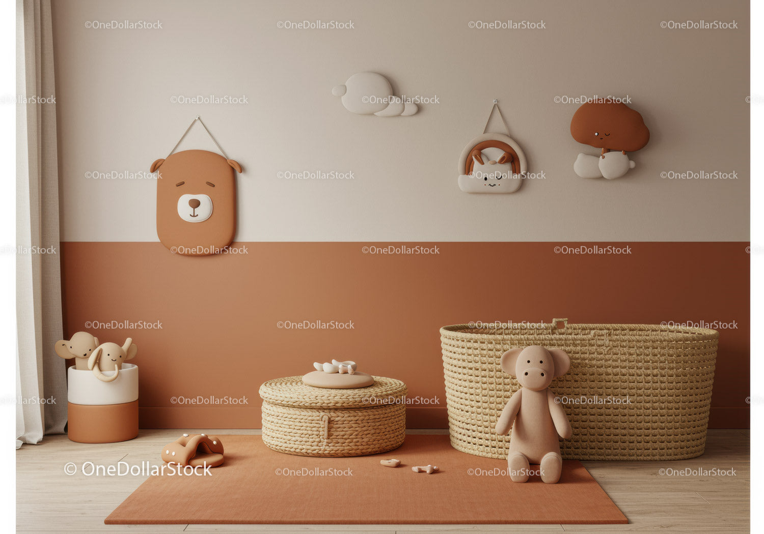 Adorable Children's Nursery Decor with Plush Toys and Wall Hangings