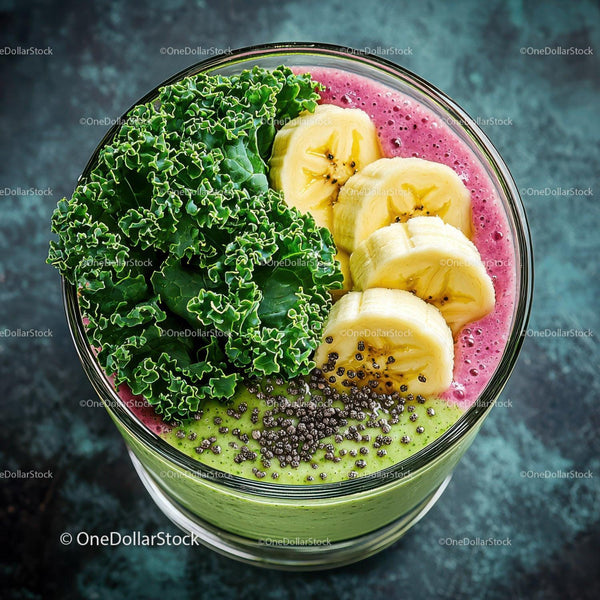 Colorful Green and Pink Smoothie with Banana Slices and Kale