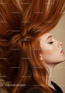 Profile of a serene woman with vibrant red hair flowing
