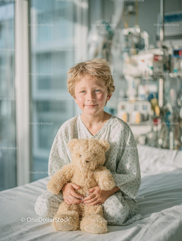 Smiling Young Boy in Hospital Room Holding Teddy Bear