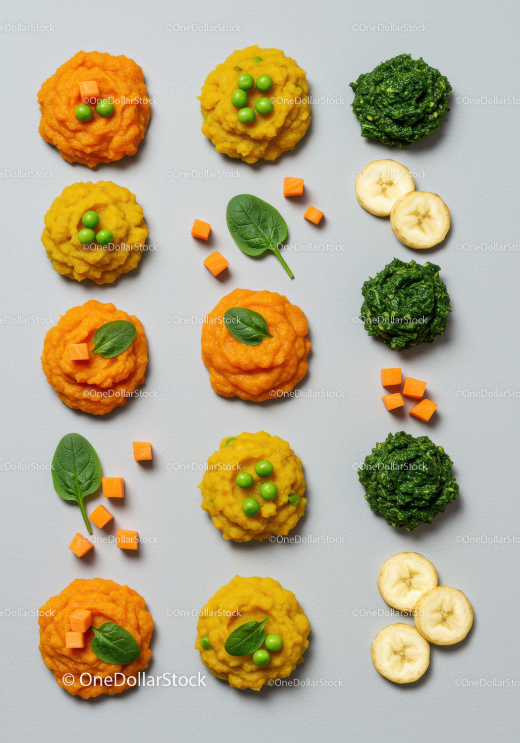 Assorted colorful vegetable and fruit purees with fresh greens