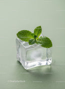Fresh Mint Leaves on Clear Ice Cube Close Up