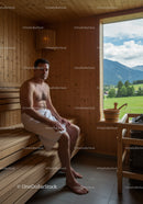 Man Sitting on Wooden Sauna Bench in Relaxing Wellness Environment