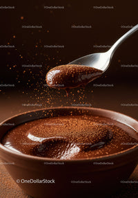 Rich chocolate mousse with cocoa powder on spoon