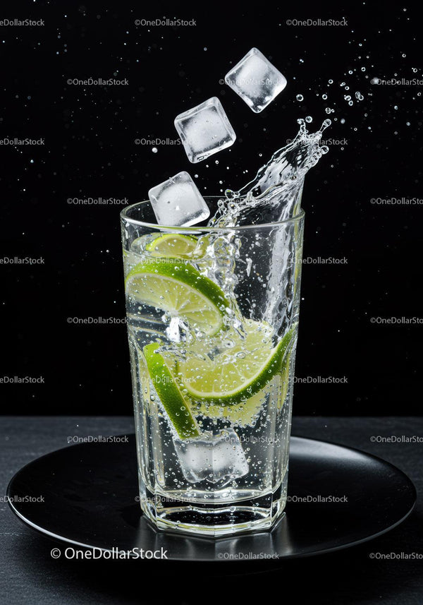Refreshing sparkling water with lime and ice cubes splash