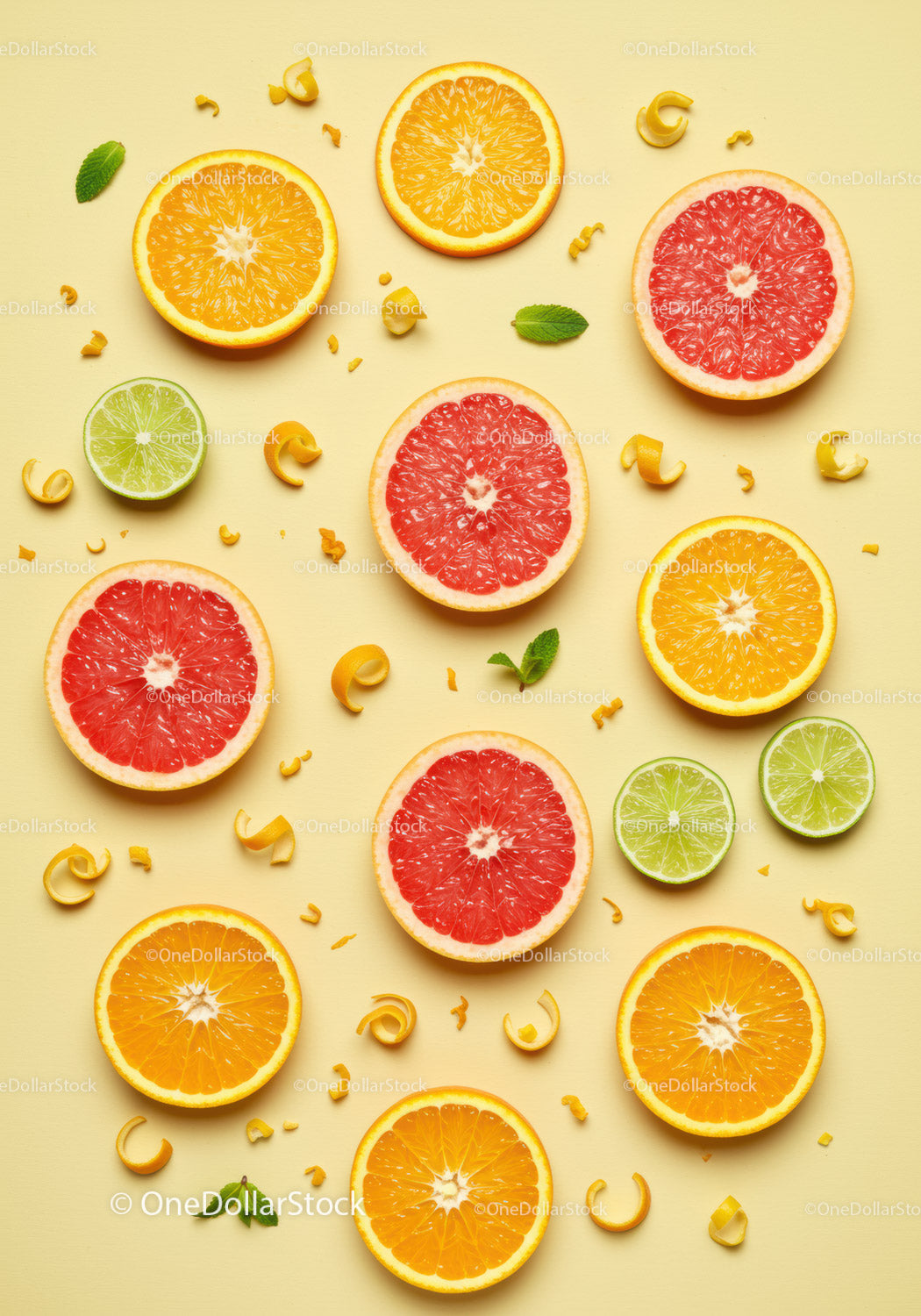 Assorted Citrus Fruit Slices with Fresh Mint Leaves