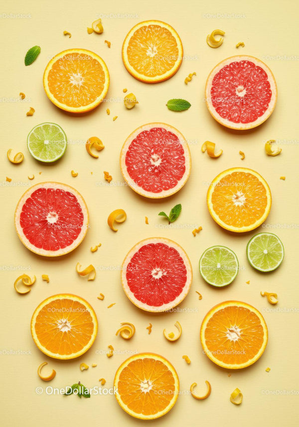 Assorted Citrus Fruit Slices with Fresh Mint Leaves