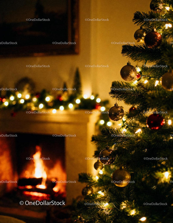 Cozy living room with decorated Christmas tree and fireplace