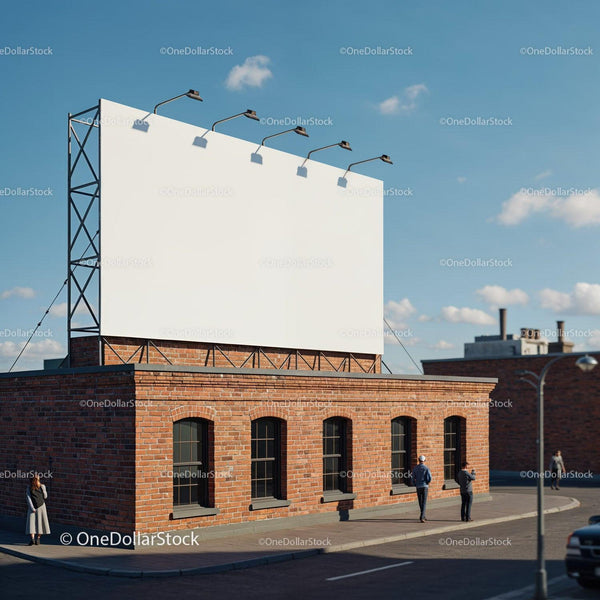 Empty White Billboard Above Brick Building On Street JPG Mockup Image
