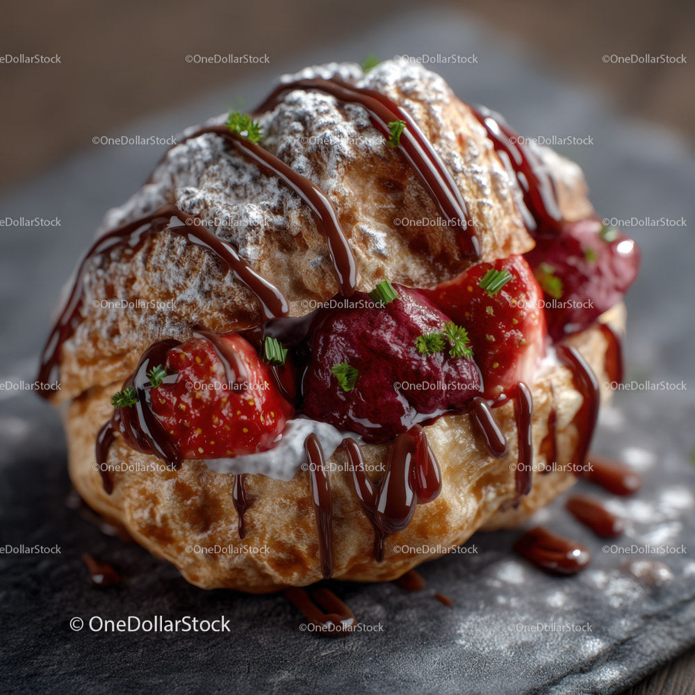 Fresh Strawberry and Chocolate Drizzle Belgian Waffle for Dessert