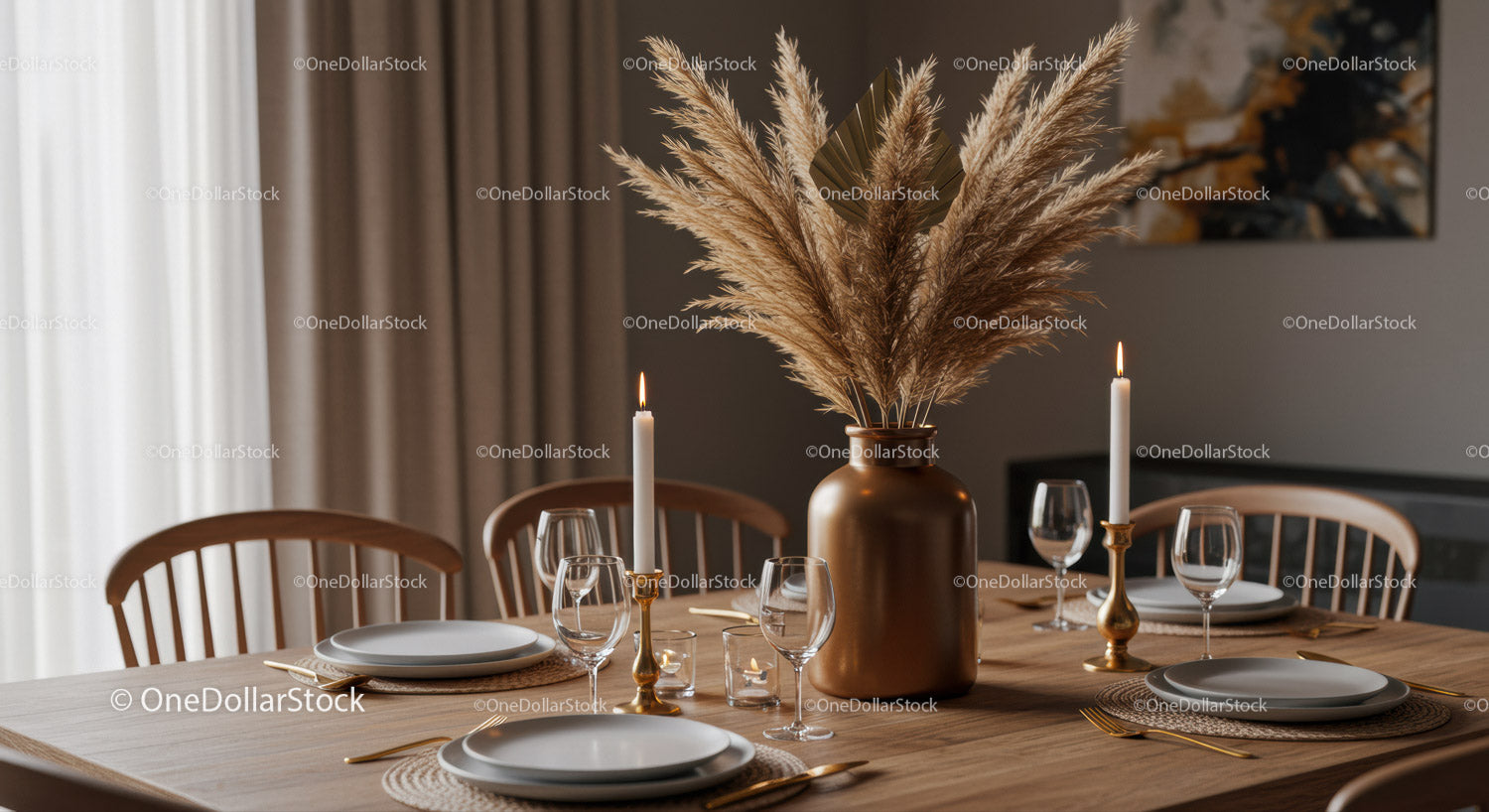 Elegant Table Setting with Pampas Grass and Candles in Modern Interior