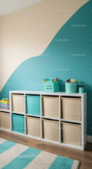 Modern Kids Room with Teal and Beige Storage Bins and Playful Decor