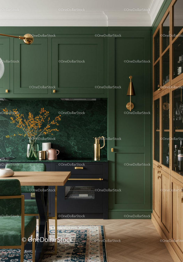 Elegant Green Kitchen with Marble Backsplash and Gold Accents